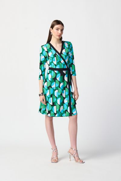 Joseph Ribkoff Black/Multi Geometric Print Wrap Dress Style 241211