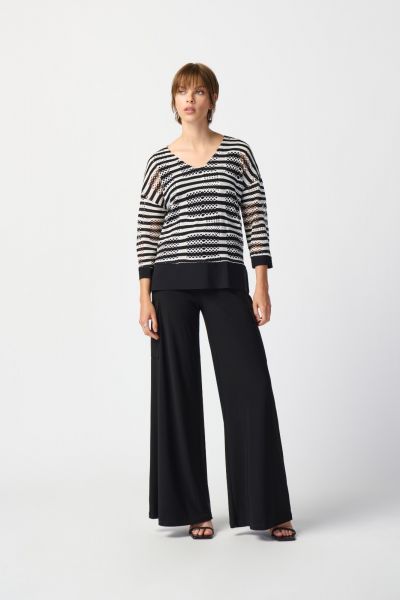 Joseph Ribkoff Black/White Striped Holey Knit High-Low Top Style 241255