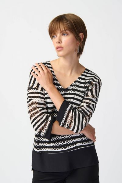 Joseph Ribkoff Black/White Striped Holey Knit High-Low Top Style 241255