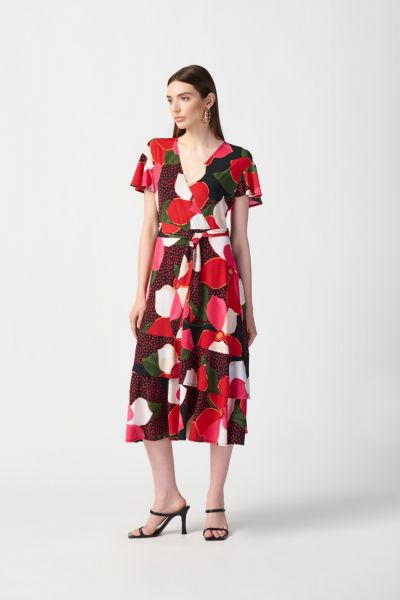 Joseph Ribkoff Black/Multi Floral Print Flowy Wrap Dress Style 241285