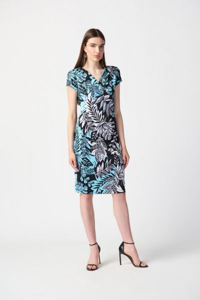 Joseph Ribkoff Black/Multi Tropical Print Silky Knit Wrap Dress Style 241287