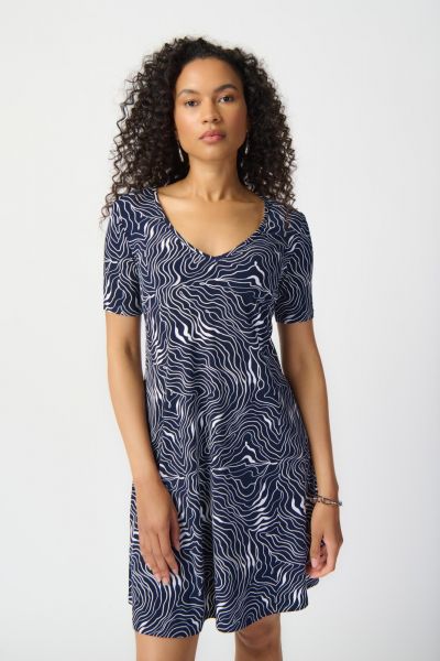 Joseph Ribkoff Midnight Blue/Vanilla Abstract Print Puff A-Line Dress Style 241293