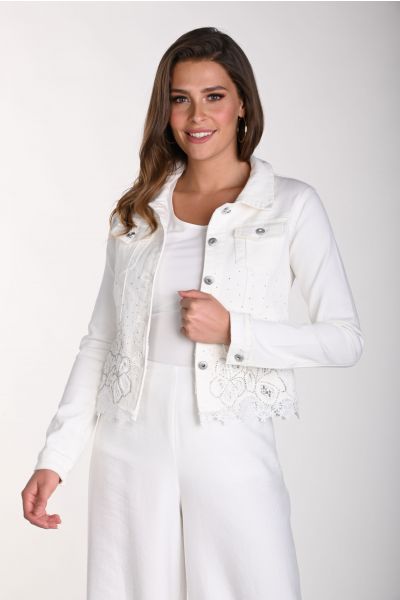 Frank Lyman Off-White Floral Lace Insert Denim Jacket Style 241317U