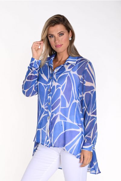 Frank Lyman Blue/Off-White Abstract Print Blouse Style 241352U