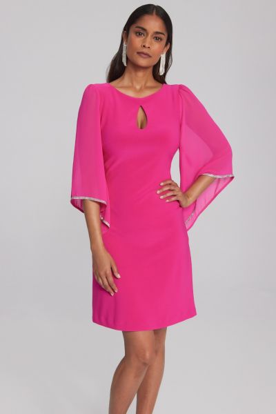 Joseph Ribkoff Shocking Pink Silky Knit Shift Dress with Chiffon Sleeves Style 241709