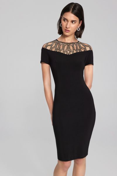 Joseph Ribkoff Black Sheath Dress With Embellished Neckline Style 241716