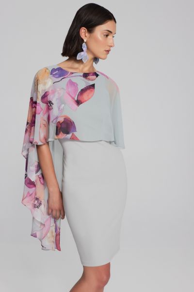 Joseph Ribkoff Grey/Multi Floral Print Chiffon Sheath Dress Style 241718