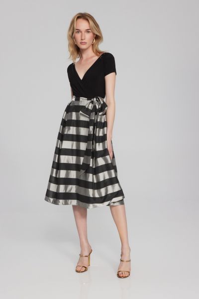 Joseph Ribkoff Black/Silver Striped Organza Fit-and-Flare Dress Style 241748