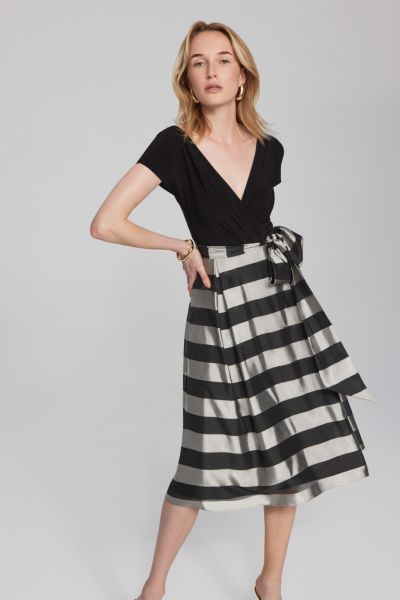 Joseph Ribkoff Black/Silver Striped Organza Fit-and-Flare Dress Style 241748