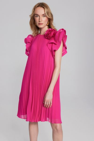 Joseph Ribkoff Shocking Pink Chiffon Pleated Dress with Organza Flower Detail Style 241758