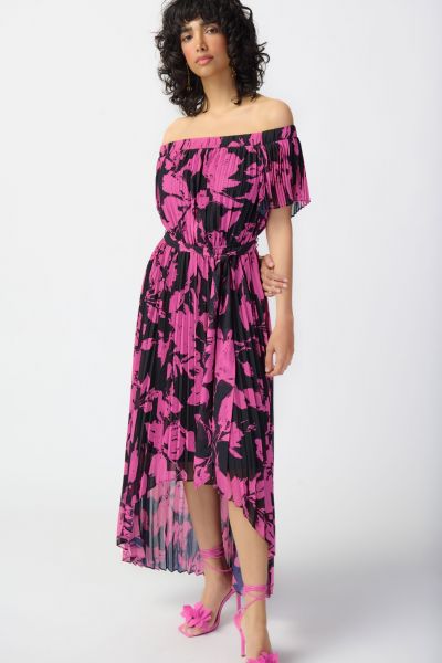 Joseph Ribkoff Black/Pink Off-Shoulder Pleated Dress Style 241908