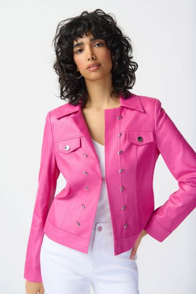 Joseph Ribkoff Bright Pink Foiled Suede Jacket With Metal Trims Style 241911