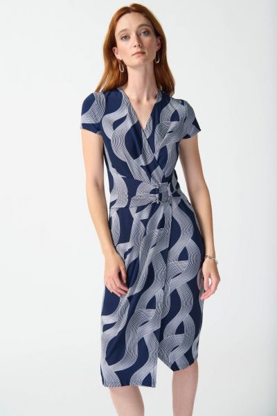 Joseph Ribkoff Midnight Blue/Vanilla Abstract Print Wrap Dress Style 242023