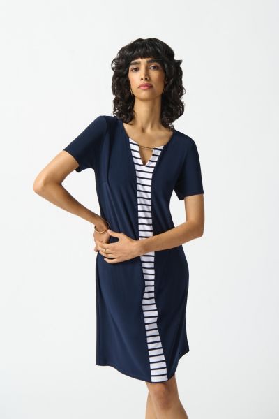 Joseph Ribkoff Midnight Blue/Vanilla Stripe Combo Shift Dress Style 242068