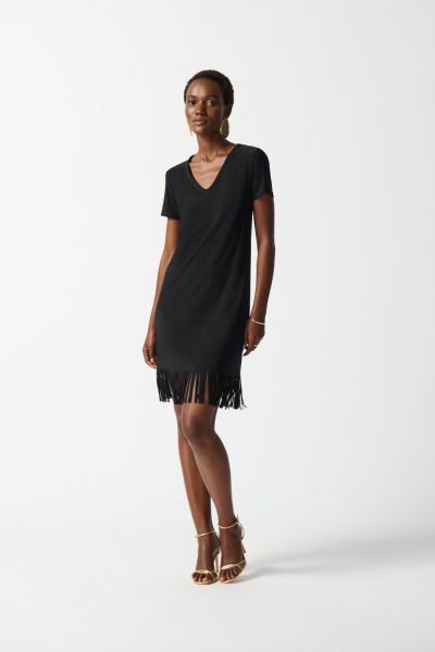 Joseph Ribkoff Black Straight Dress with Fringes Style 242113
