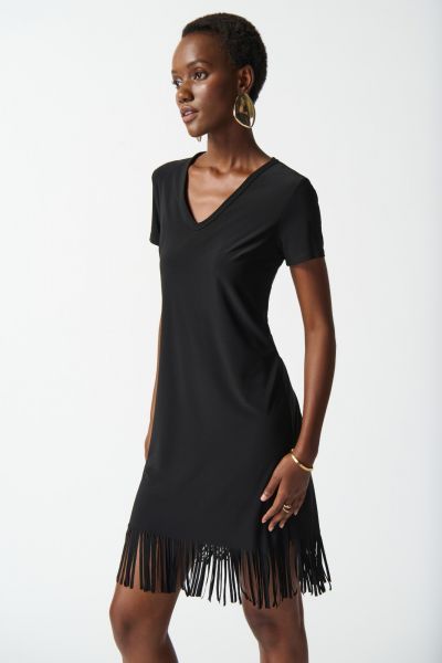Joseph Ribkoff Black Straight Dress with Fringes Style 242113