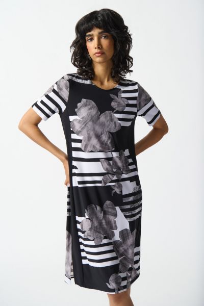 Joseph Ribkoff Vanilla/Black Floral Stripe Straight Dress Style 242118