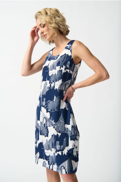 Joseph Ribkoff Vanilla/Midnight Blue Scenery-Print Cocoon Dress Style 242157
