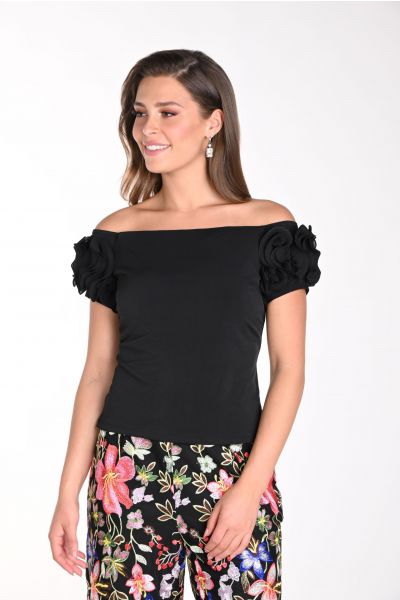 Frank Lyman Black Ruffle Hem Off Shoulder Short Sleeve Top Style 242311U