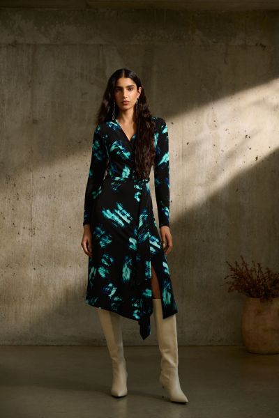 Joseph Ribkoff Black/Multi Abstract Print Wrap Dress Style 243147
