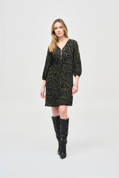 Joseph Ribkoff Black/Green Abstract Print A-Line Dress Style 243154
