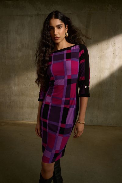 Joseph Ribkoff Purple/Black Plaid Print Sheath Dress Style 243301