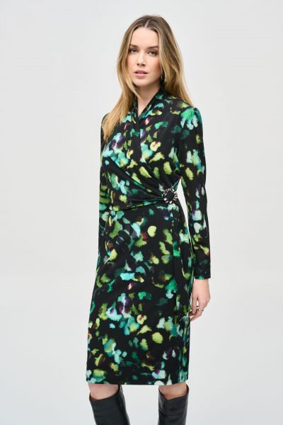 Joseph Ribkoff Black/Multi Abstract Print Wrap Dress Style 243321