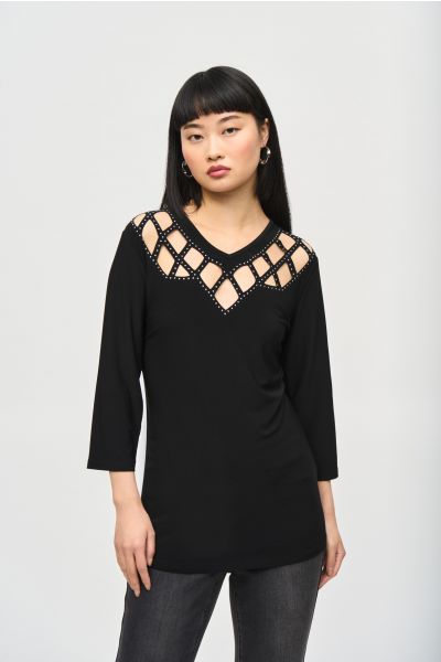 Joseph Ribkoff Black Dotted Keyhole Casual Top Style 243332
