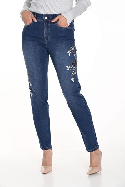 Frank Lyman Blue Denim Pants with Floral Embroidery Style 243459U