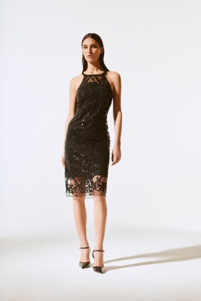 Joseph Ribkoff Black Sequins Lace Sleeveless Dress Style 243715