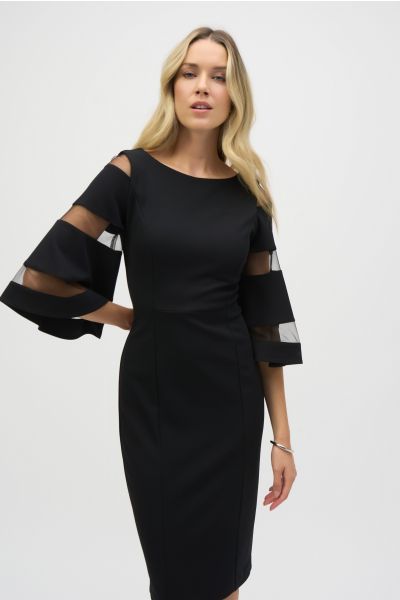 Joseph Ribkoff Black Bell Sleeve Sheath Dress with Mesh Inserts Style 243733