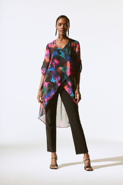 Joseph Ribkoff Black/Multi Floral Print Chiffon High-Low Tunic Style 243768