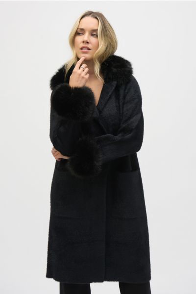 Joseph Ribkoff Black Feather Yarn Faux Fur Coat Style 243923