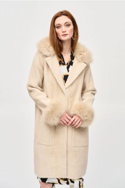 Joseph Ribkoff Champagne Feather Yarn Faux Fur Coat Style 243923