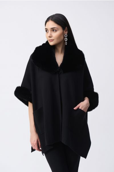 Joseph Ribkoff Black Brushed Jacquard and Faux Fur Cape Style 243930