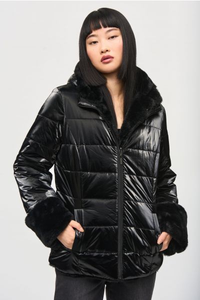 Joseph Ribkoff Black Reversible Faux Fur Quilted Puffer Coat Style 243937