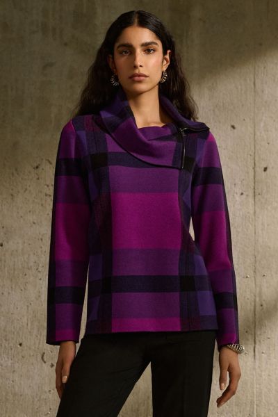 joseph Ribkoff Empress/Mystic/Black Plaid Jacquard Cowl Neck Sweater Style 243943
