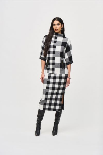 Joseph Ribkoff Black/Vanilla Plaid Jacquard Knit Skirt Style 243947