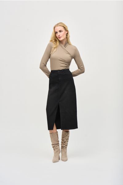 Joseph Ribkoff Black Denim Front Slit Midi Skirt Style 243963