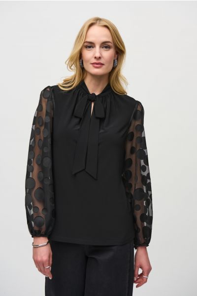 Joseph Ribkoff Black Top With Dot Burnout Sleeves Style 244019