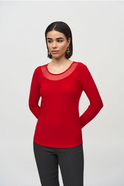 Joseph Ribkoff Lipstick Red Silky Knit and Mesh Fitted Top Style 244066