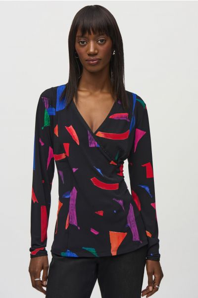 Joseph Ribkoff Black/Multi Abstract Print Wrap Top Style 244079