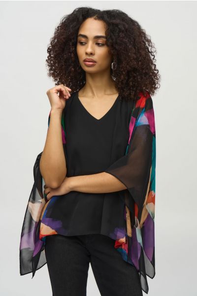 Joseph Ribkoff Black/Multi Chiffon Abstract Print Poncho Top Style 244174