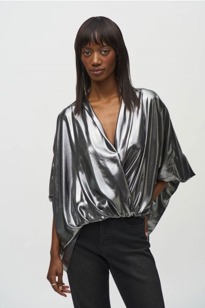 Joseph Ribkoff Pewter Metallic Foiled Chiffon Wrap Top Style 244232