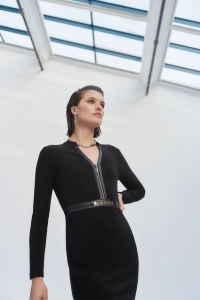 Joseph Ribkoff Black Silky Knit and Leatherette Sheath Dress Style 243274