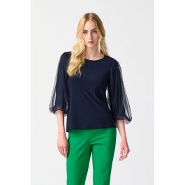 Joseph Ribkoff Midnight Blue Top With Mesh Sleeves Style 241042