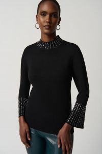 Joseph Ribkoff Black Embellished Sweater With Bell Sleeve and Mock Neck Style 234920