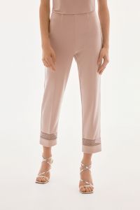 Joseph Ribkoff Sand Silky Knit And Rhinestone Mesh Pants Style 243753S25.