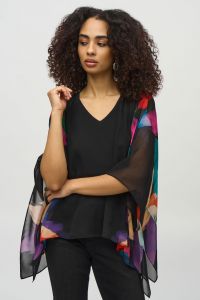 Joseph Ribkoff Black/Multi Chiffon Abstract Print Poncho Top Style 244174