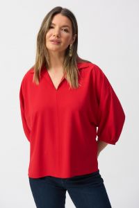 Joseph Ribkoff Radiant Red Boxy Top With Shirt Collar Style 241116